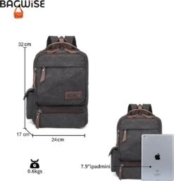 Bagwise® - Rugzak - Canvas - 15 L- Vintage - 13" Inch Laptopvak - Compact Klein -1261 Zwart -Optimaal Reisopslag Winkel 1152x1200 8