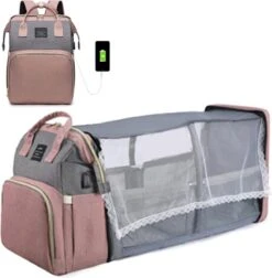Merkloos Tas Voor Moeders En Vaders Met Uitklapbaar Baby Bedje - Draagbare Box - Rugzak Moeder - Roze - Met Veel Handige Opberg Vakken En USB Oplader - Klamboe - Mummy Bag - Verstelbaar