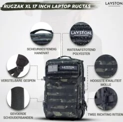LAYSTON. - 45L Sport School Werk Rugtas - Sport Rugzak - Tactical Backpack - Waterafstotend - Camo Groen -Optimaal Reisopslag Winkel 1200x1183 3