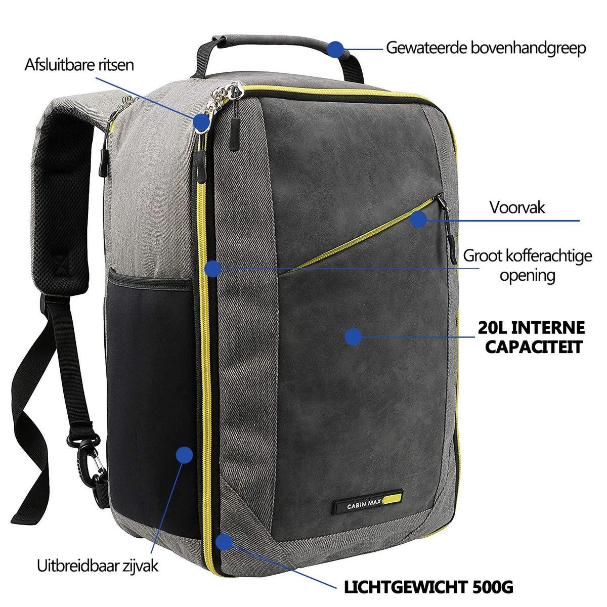 CabinMax Manhatten – Handbagage 20L – Rugzak – Schooltas - 40x20x25 cm – Compact Reistas – Lichtgewicht – Grijs/Geel CabinMax Manhatten – Handbagage 20L – Rugzak – Schooltas - 40x20x25 Cm – Compact Reistas – Lichtgewicht – Grijs/Geel -Optimaal Reisopslag Winkel 1200x1200 1170