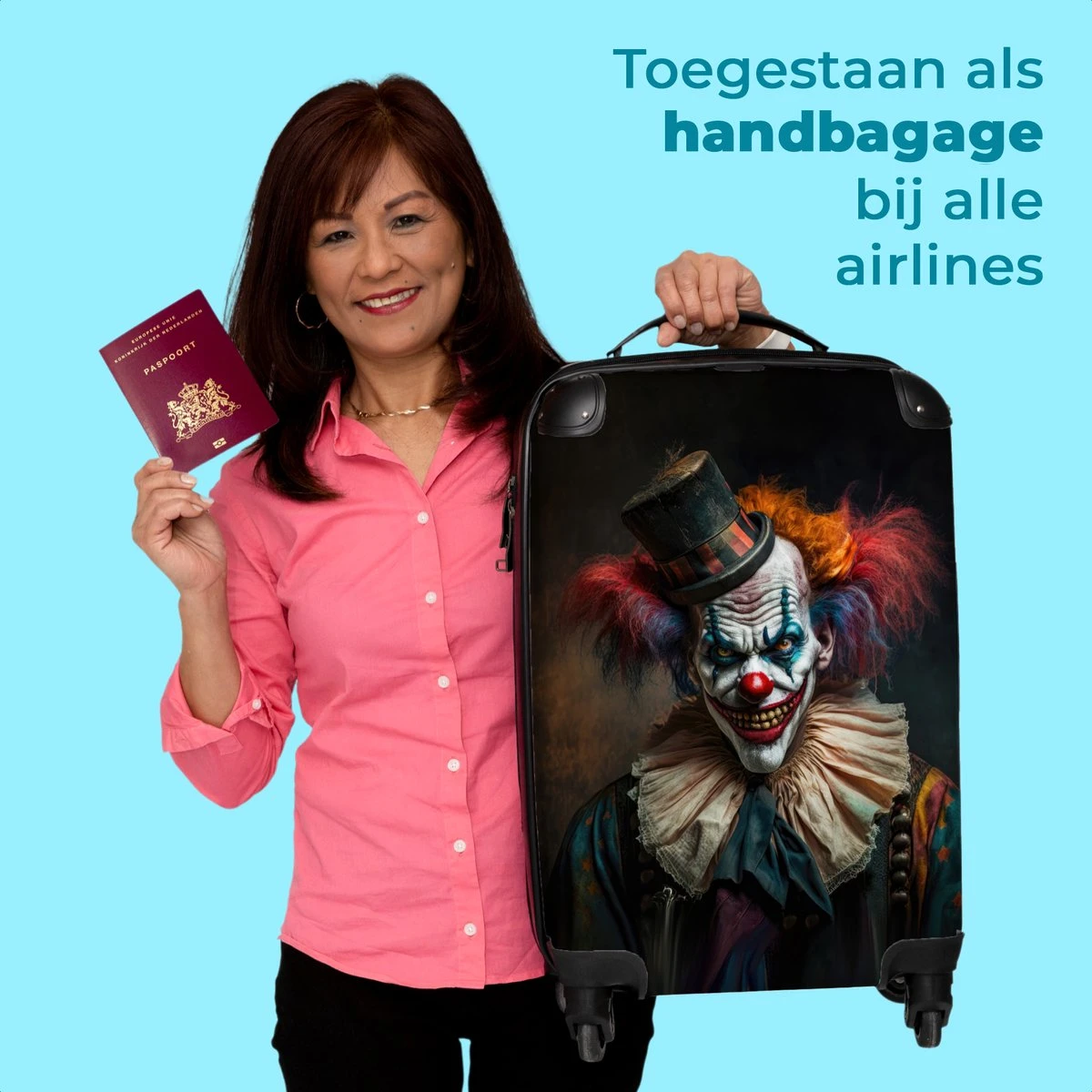 NoBoringSuitcases.com® Trolley - Reiskoffers - Clown - Hoed - Kraag - Portret - Horror - Trolley op wieltjes - Past binnen 55x40x20 cm en 55x35x25 cm - Koffertje - Handbagagekoffer NoBoringSuitcases.com® Trolley - Reiskoffers - Clown - Hoed - Kraag - Portret - Horror - Trolley Op Wieltjes - Past Binnen 55x40x20 Cm En 55x35x25 Cm - Koffertje - Handbagagekoffer -Optimaal Reisopslag Winkel 1200x1200 285