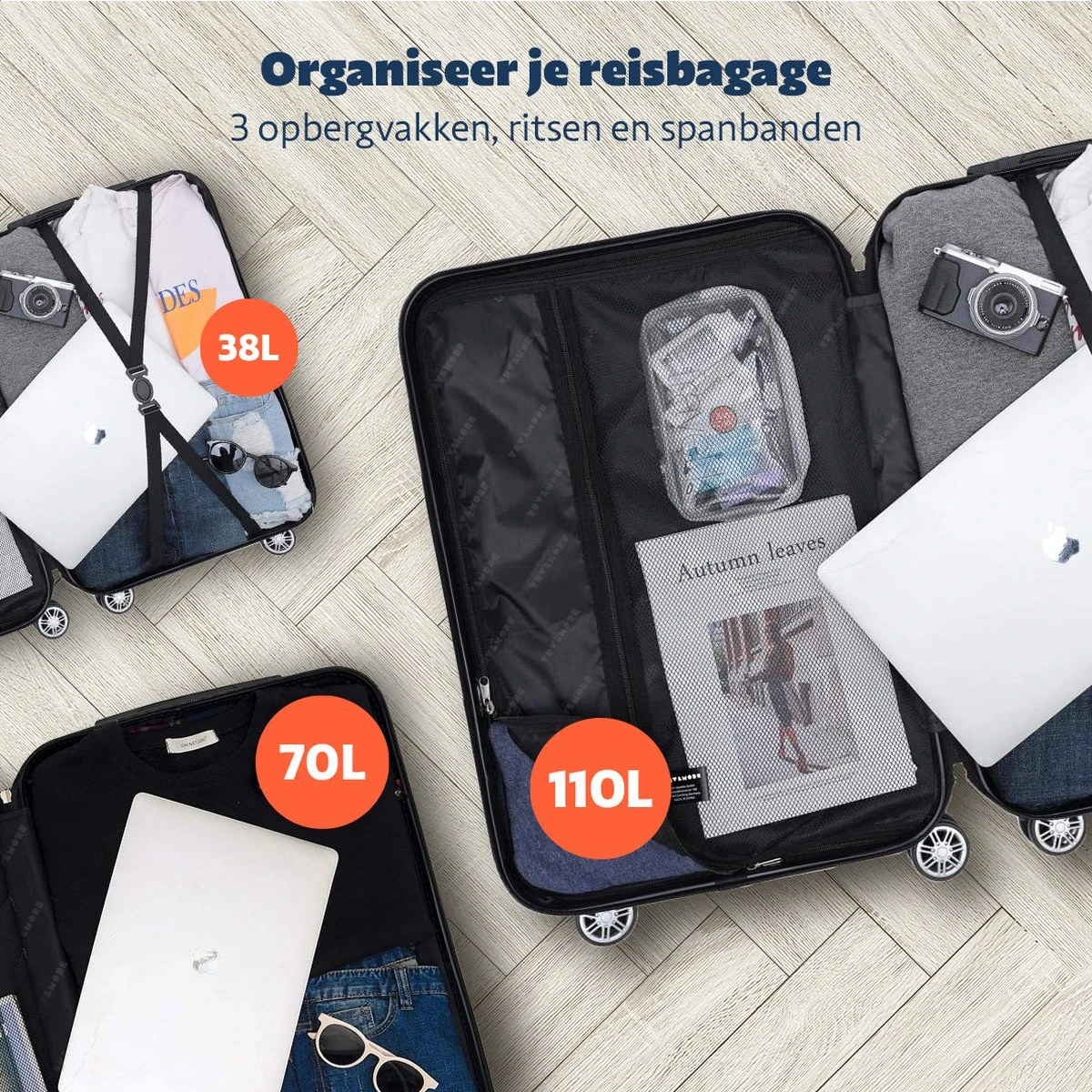 TRVLMORE Kofferset - 3 Delig - 38L (handbagage) + 70L + 110L - Donkergrijs TRVLMORE Kofferset - 3 Delig - 38L (handbagage) + 70L + 110L - Donkergrijs -Optimaal Reisopslag Winkel 1200x1200 960