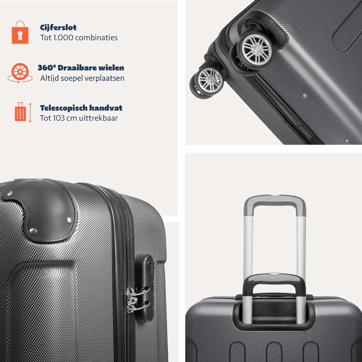 TRVLMORE Kofferset - 3 Delig - 38L (handbagage) + 70L + 110L - Donkergrijs TRVLMORE Kofferset - 3 Delig - 38L (handbagage) + 70L + 110L - Donkergrijs -Optimaal Reisopslag Winkel 1200x1200 961