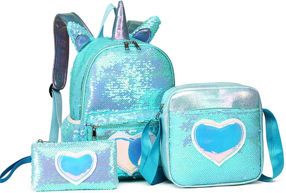 Eenhoorn Schooltas - Rugzak - Unicorn Rugtas 42 X 30 X 14 Cm- Kinderrugzak - Sequin- Luxe Giftset - Pailletten - Inclusief Tas + Etui - Turquoise - Voor Al Je Speelgoed En Schoolspullen