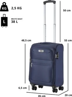 TravelZ Softspinner TSA Handbagagekoffer 55cm - Zachte Reiskoffer Dubbele Wielen – Blauw -Optimaal Reisopslag Winkel 893x1200