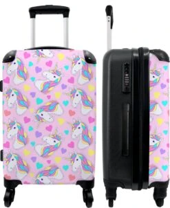 NoBoringSuitcases.com® Koffer Groot - Eenhoorn - Meisje - Patroon - Hartje - Trolley Koffer Met TSA-slot - Met Wielen - 90 Liter - Reiskoffer - 66 Cm